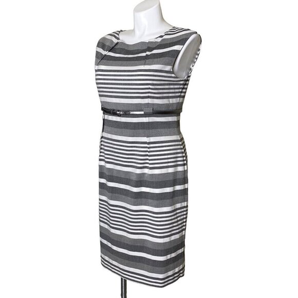 Calvin Klein Striped Belted Sheath Dress Gray White Empire Waist Women's Size 14 - Picture 8 of 10